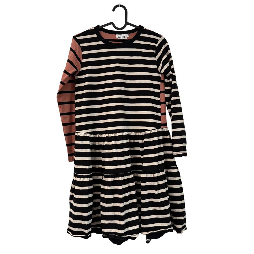 Molo Black White Pink Striped Fit Flare Tiered Long Sleeve Dress Girls 11/12